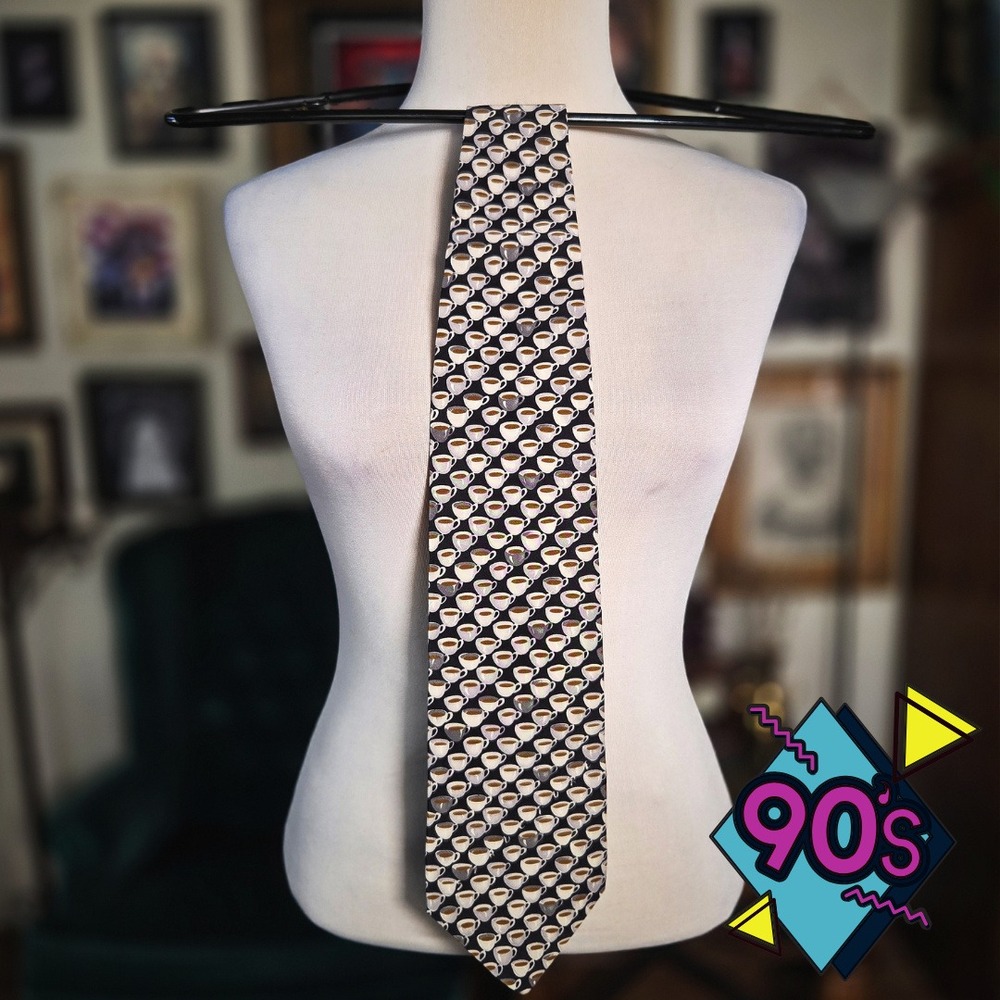 Structure Silk Tie Vintage 90s Coffee Cup Espresso Mug Novelty Mens Necktie USA